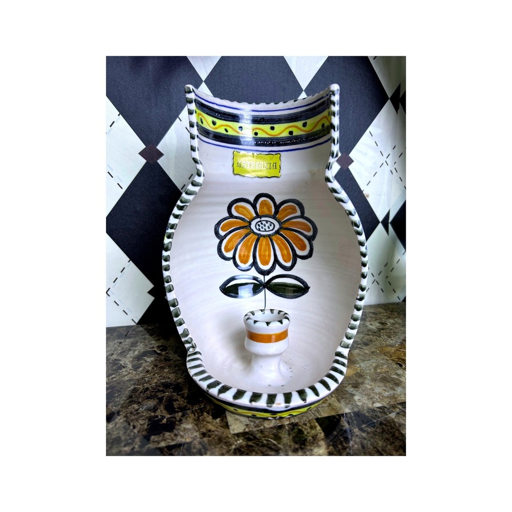 Large Spanish Ceramic Candle Holder Hand Painted Floral Jug Talavera Folk Art